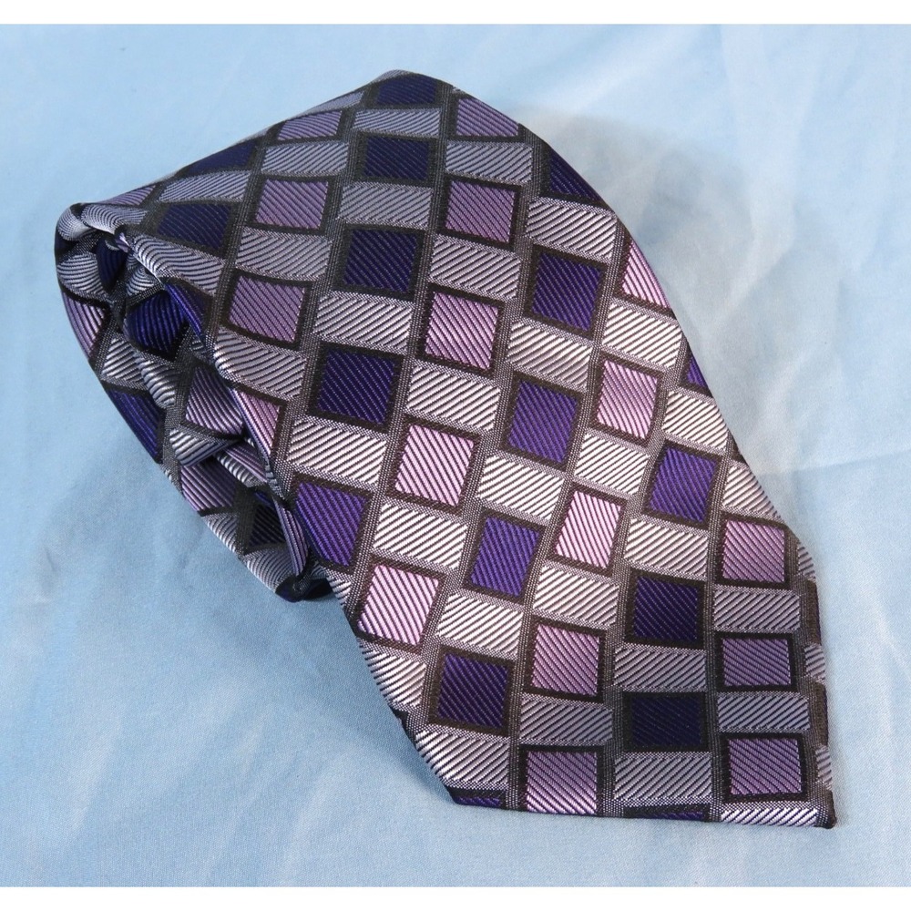 BORRELLI Hand Stitched MEN'S NECK TIE Purple Gray Diamond Print POLYESTER WOVEN
